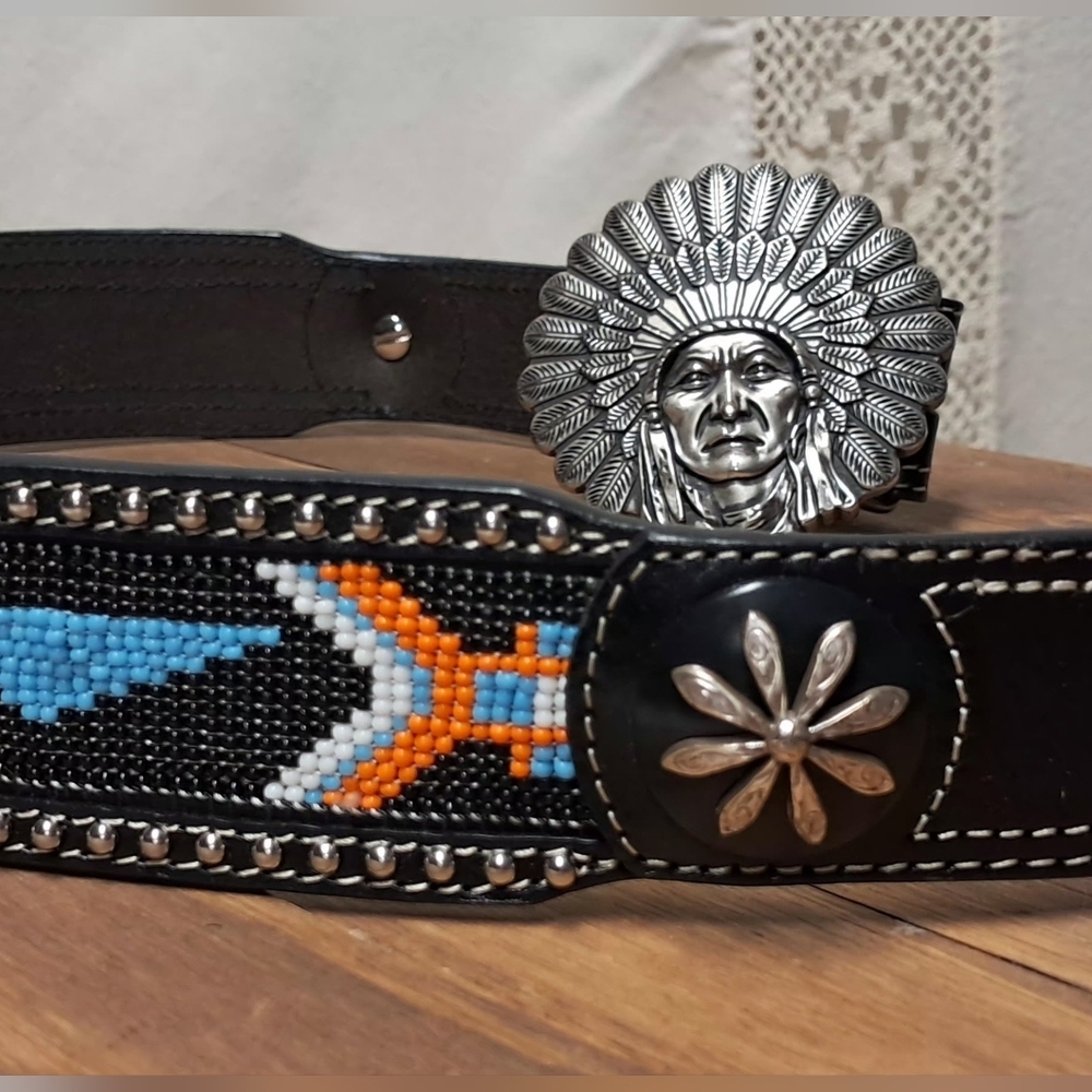 Beaded Leather Belt With Buckle 33" - Picture 1 of 6